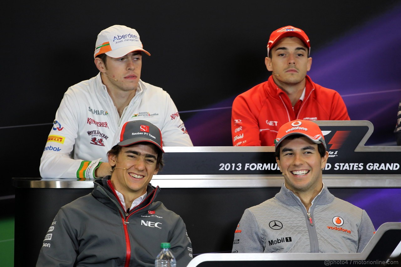 GP USA, 14.11.2013- Conferenza Stampa, (L-R) Paul di Resta (GBR) Sahara Force India F1 Team VJM06, Jules Bianchi (FRA) Marussia F1 Team MR02, Esteban Gutierrez (MEX), Sauber F1 Team C32 e Sergio Perez (MEX) McLaren MP4-28