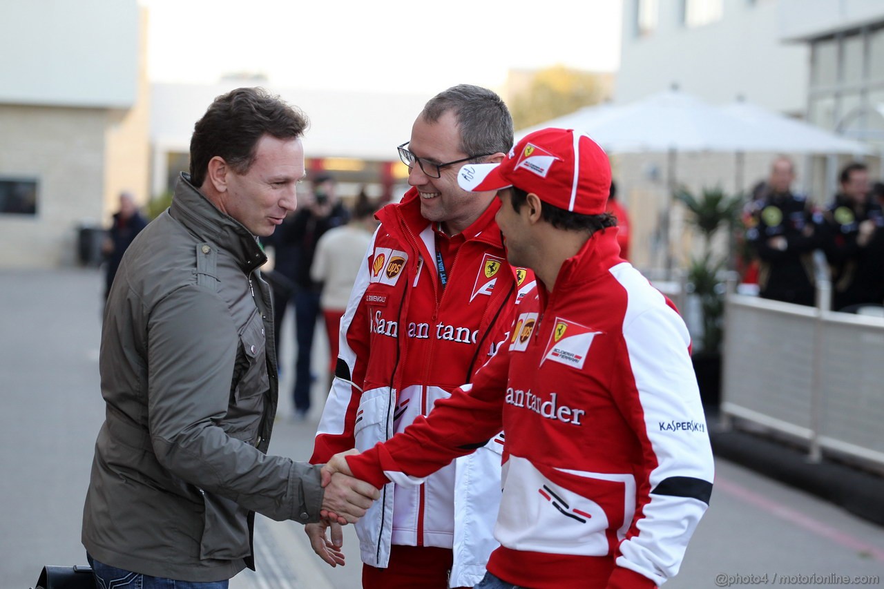 GP USA, 14.11.2013- (L-R) Christian Horner (GBR), Red Bull Racing, Sporting Director, Stefano Domenicali (ITA), Team Principal e Felipe Massa (BRA) Ferrari F138 