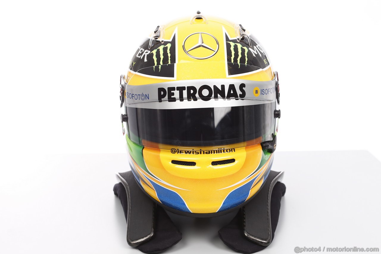 JEREZ TEST FEBBRAIO 2013, The helmet of Lewis Hamilton (GBR) Mercedes AMG F1.
06.02.2013. 
 Mercedes AMG F1 editorial copyright free. Images must be credited to: Mercedes AMG F1