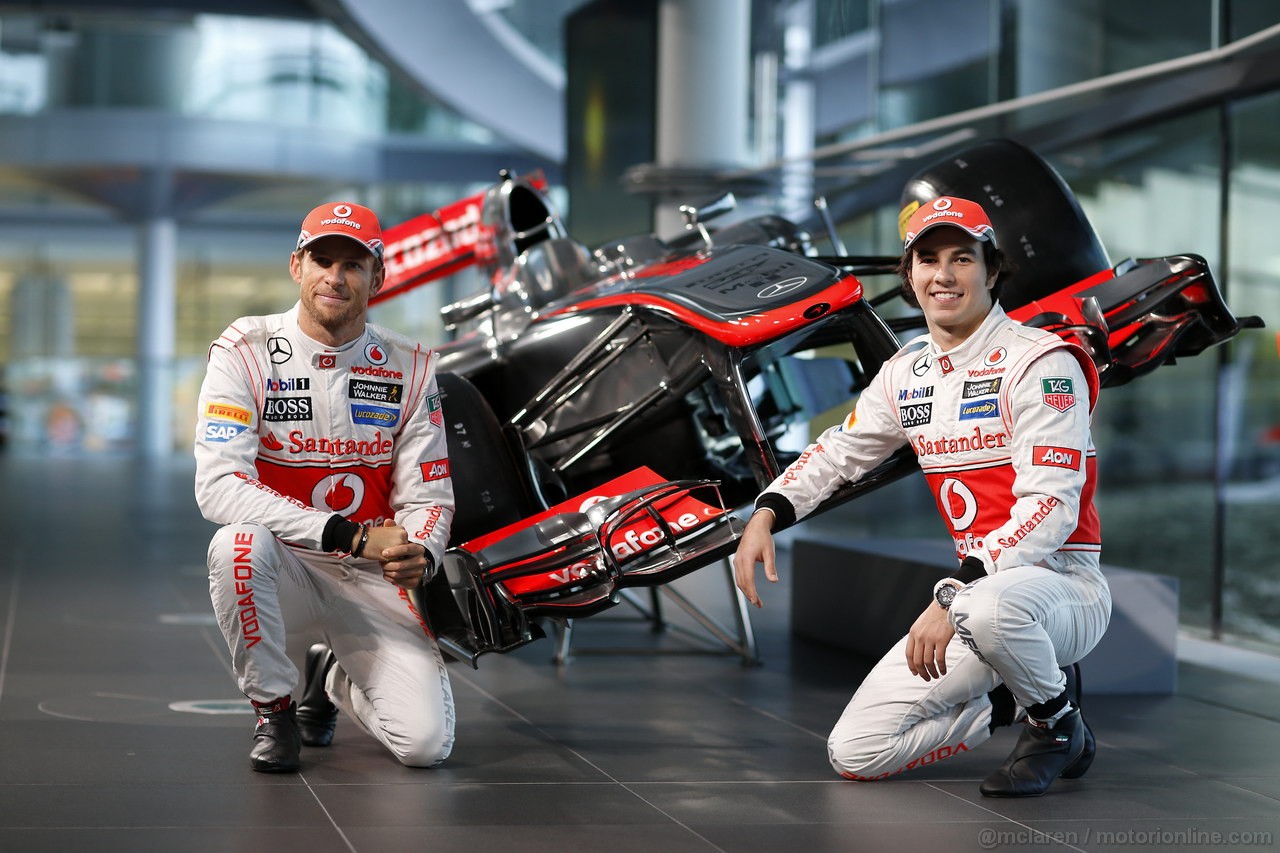 MCLAREN MP4-28, McLaren Technology Centre, Surrey, UK
31st January 2013 
Jenson Button, McLaren e Sergio Perez, McLaren. 
Photo: Vodafone McLaren Mercedes (Copyright Free FOR EDITORIAL USE ONLY) 
ref: Digital Image _00P5532