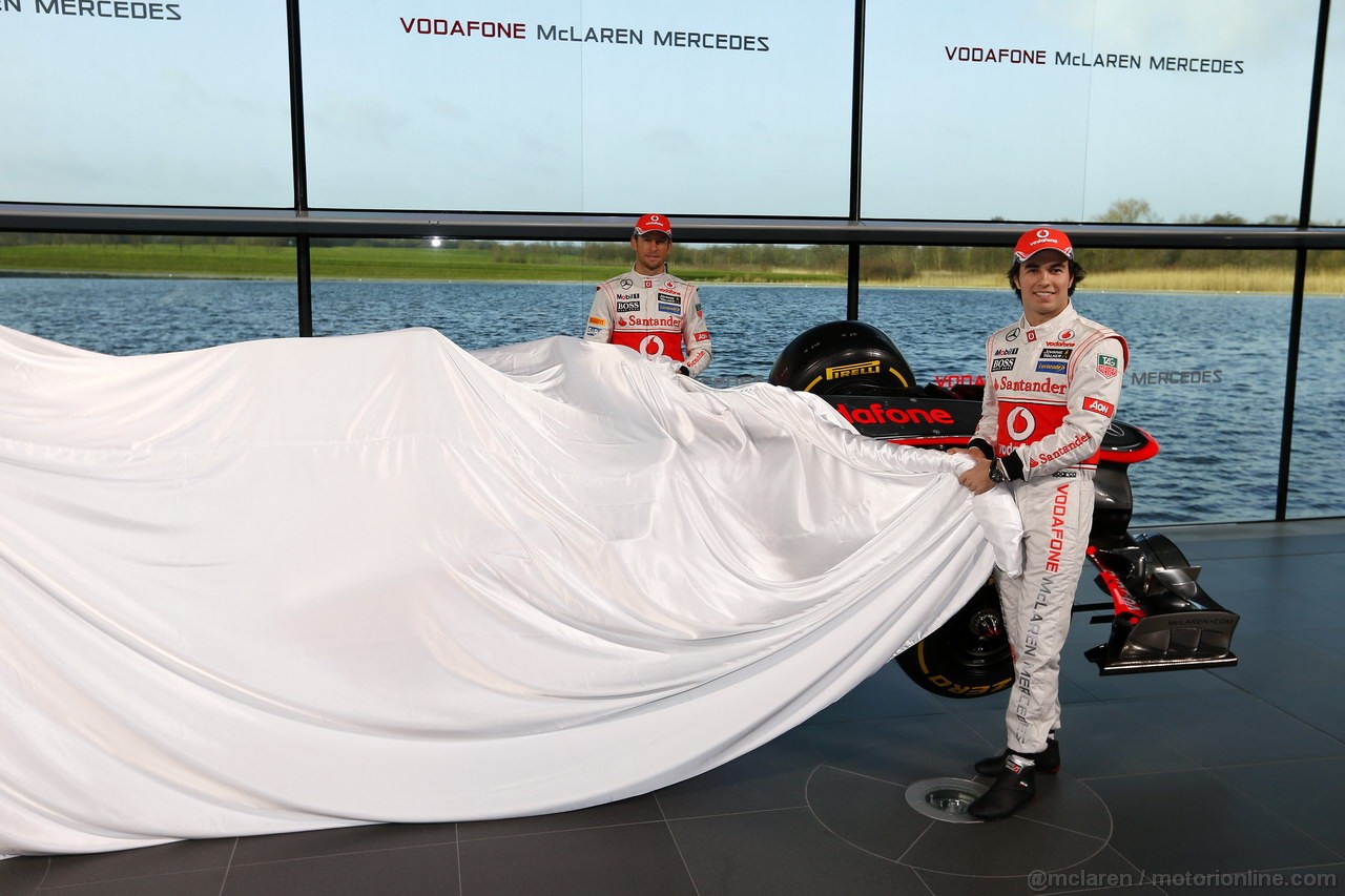 MCLAREN MP4-28, McLaren Technology Centre, Surrey, UK
31st January 2013 
Sergio Perez, McLaren e Jenson Button, McLaren.
Photo: Vodafone McLaren Mercedes (Copyright Free FOR EDITORIAL USE ONLY) 
ref: Digital Image _N7T0079