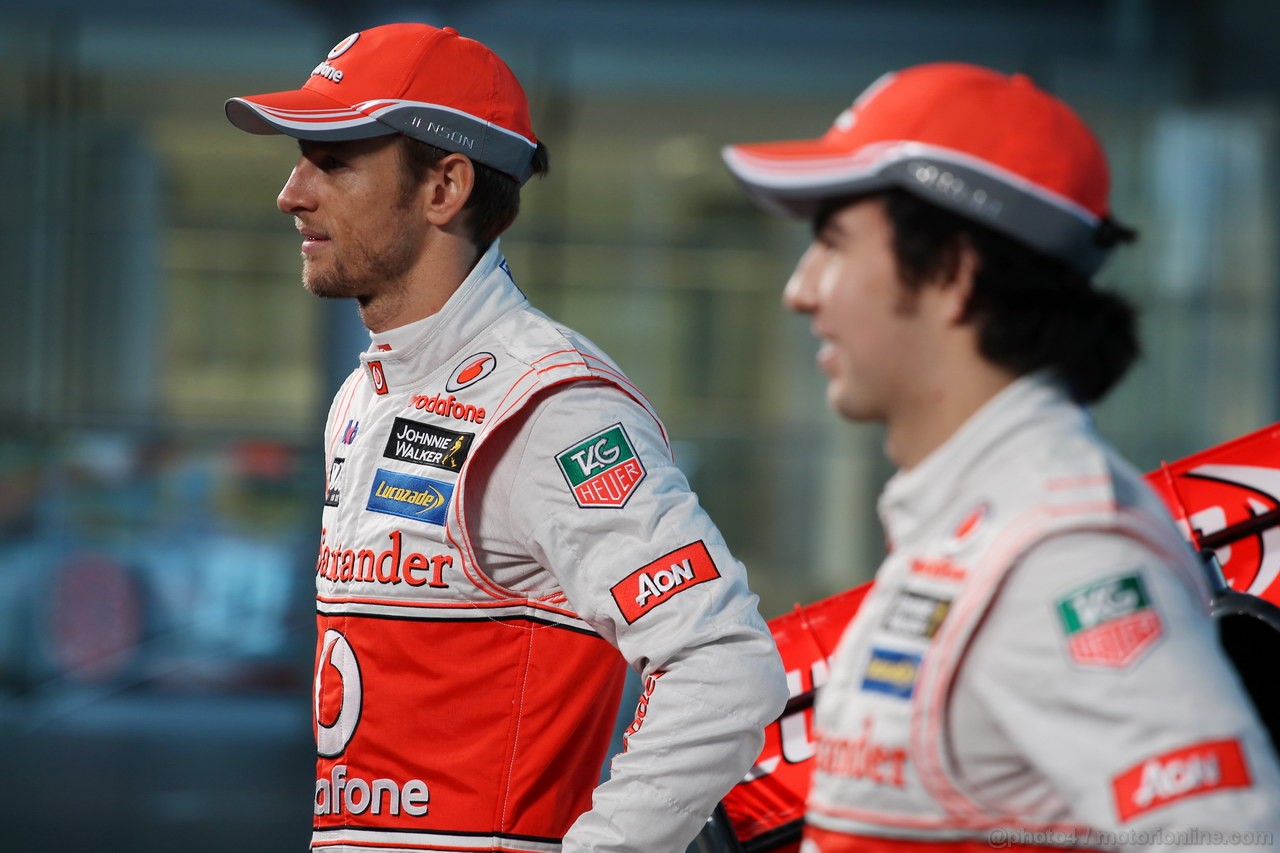 MCLAREN MP4-28, (L to R): Jenson Button (GBR) McLaren with team mate Sergio Perez (MEX) McLaren.
31.01.2013. McLaren MP4-28 Launch, McLaren Technology Centre, Woking, England.
