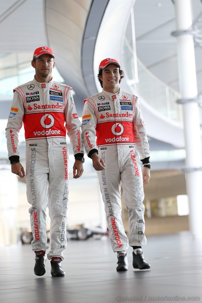 MCLAREN MP4-28, (L to R): Jenson Button (GBR) McLaren with team mate Sergio Perez (MEX) McLaren.
31.01.2013. McLaren MP4-28 Launch, McLaren Technology Centre, Woking, England.
