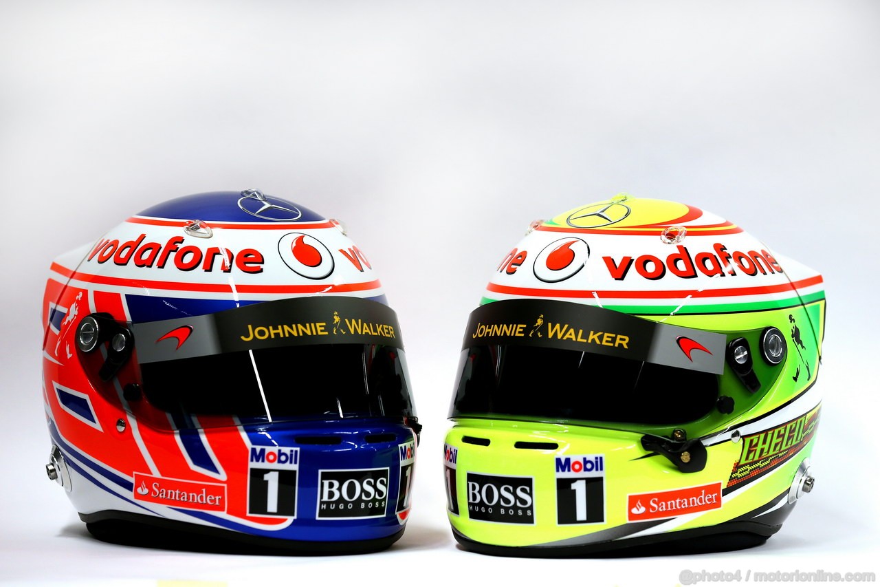 MCLAREN MP4-28, The helmets of Jenson Button (GBR) McLaren e Sergio Perez (MEX) McLaren. 
31.01.2013. McLaren MP4-28 Launch, McLaren Technology Centre, Woking, England.

