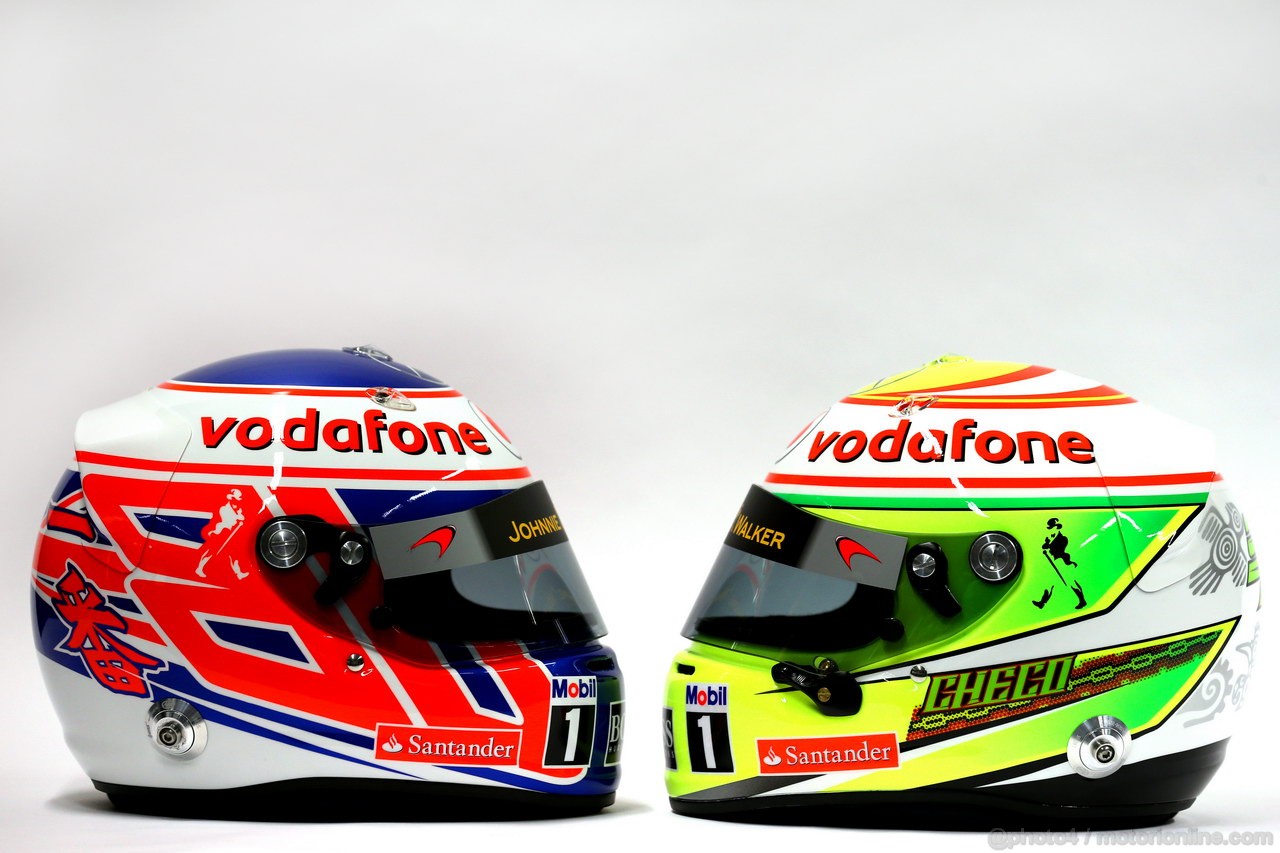 MCLAREN MP4-28, The helmets of Jenson Button (GBR) McLaren e Sergio Perez (MEX) McLaren. 
31.01.2013. McLaren MP4-28 Launch, McLaren Technology Centre, Woking, England.
