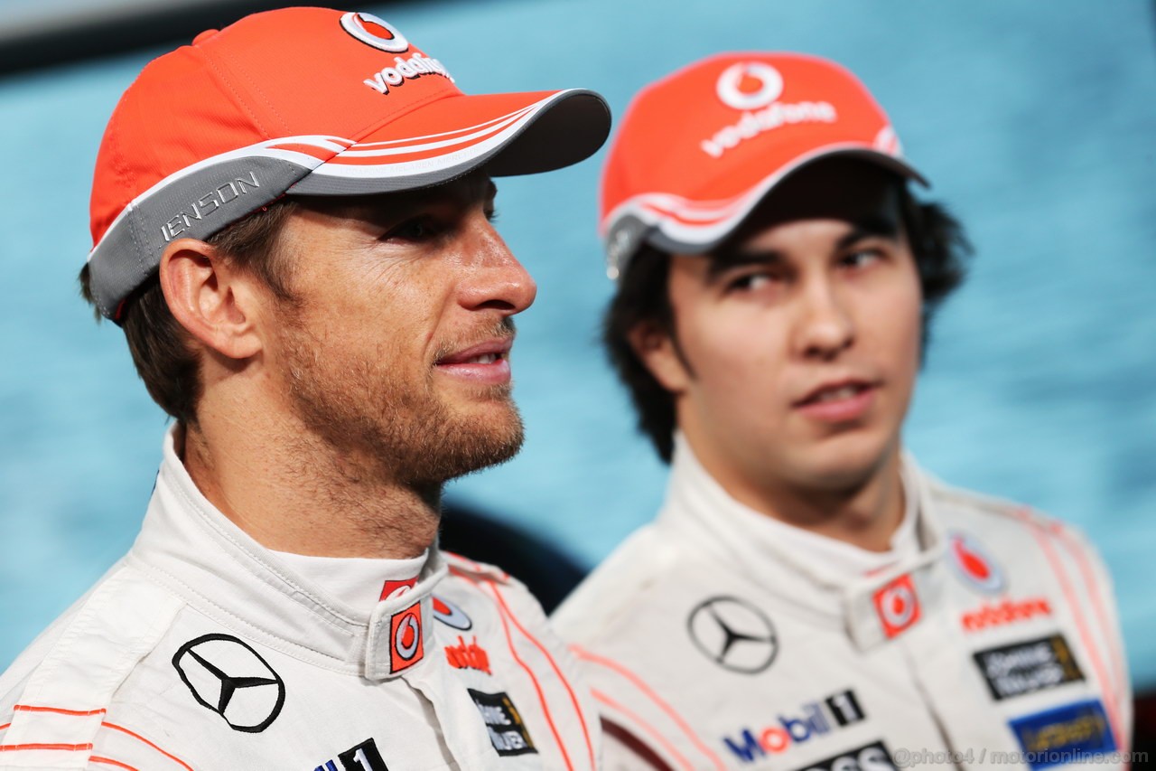 MCLAREN MP4-28, (L to R): Jenson Button (GBR) McLaren with team mate Sergio Perez (MEX) McLaren.
31.01.2013. McLaren MP4-28 Launch, McLaren Technology Centre, Woking, England.
