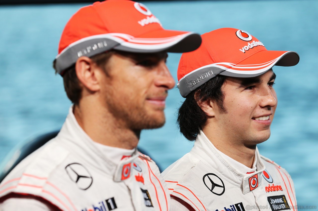 MCLAREN MP4-28, (L to R): Jenson Button (GBR) McLaren with team mate Sergio Perez (MEX) McLaren.
31.01.2013. McLaren MP4-28 Launch, McLaren Technology Centre, Woking, England.
