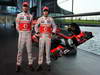 MCLAREN MP4-28, (L to R): Jenson Button (GBR) McLaren e team mate Sergio Perez (MEX) McLaren with the new McLaren MP4-28.
31.01.2013. McLaren MP4-28 Launch, McLaren Technology Centre, Woking, England.
