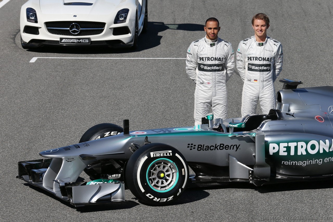 MERCEDES F1 W04, (L to R): Lewis Hamilton (GBR) Mercedes AMG F1 e team mate Nico Rosberg (GER) Mercedes AMG F1 with the new Mercedes AMG F1 W04.

