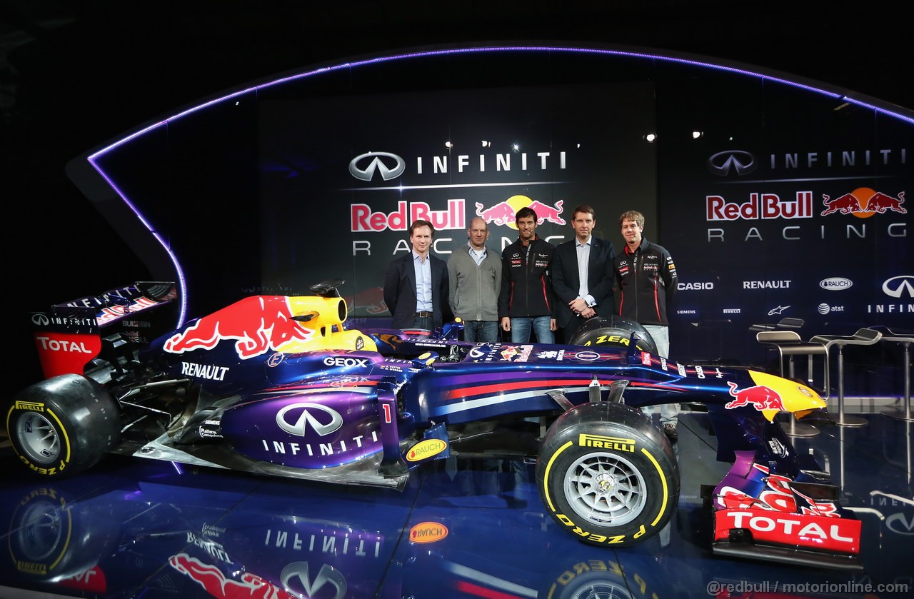 RED BULL RB9, MILTON KEYENES, ENGLAND - FEBRUARY 03:  (L-R) Christian Horner, Team Principle, Adrian Newey, Chief Technical Officer, Mark Webber of Australia, Simon Sproule, Infiniti Corperate Vice-President Global Marketing e Sebastian Vettel of Germany pose along side the new car during the Infiniti Red Bull Racing RB9 launch on February 3, 2013 in Milton Keynes, England.  (Photo by Mark Thompson/Getty Images)