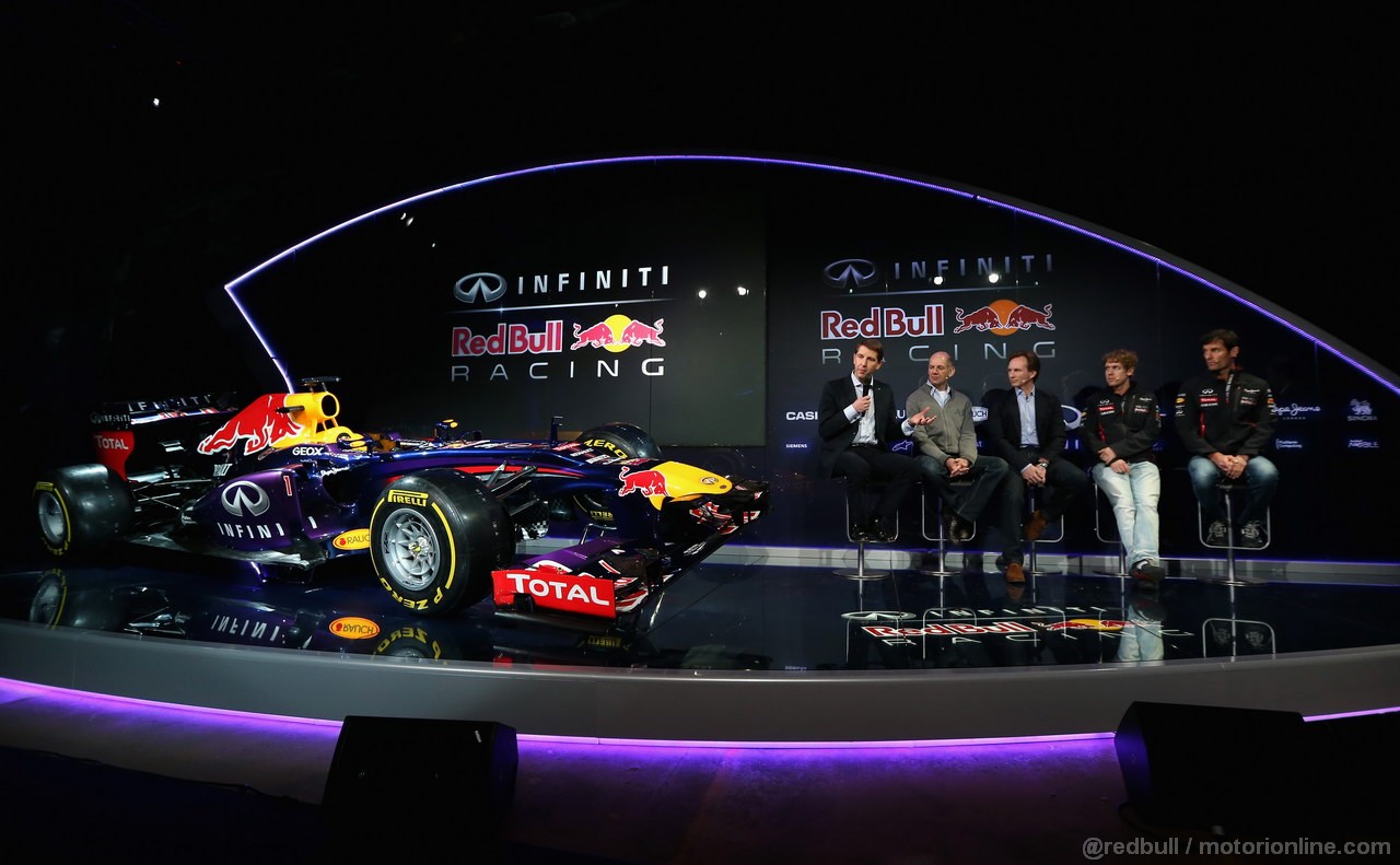 RED BULL RB9, MILTON KEYENES, ENGLAND - FEBRUARY 03:  (L-R) Simon Sproule, Infiniti Corporate Vice-President Global Marketing, Adrian Newey, Chief Technical Officer, Christian Horner, Team Principle, Mark Webber of Australia, e Sebastian Vettel of Germany talk to the guests during the Infiniti Red Bull Racing RB9 launch on February 3, 2013 in Milton Keynes, England.  (Photo by Mark Thompson/Getty Images)