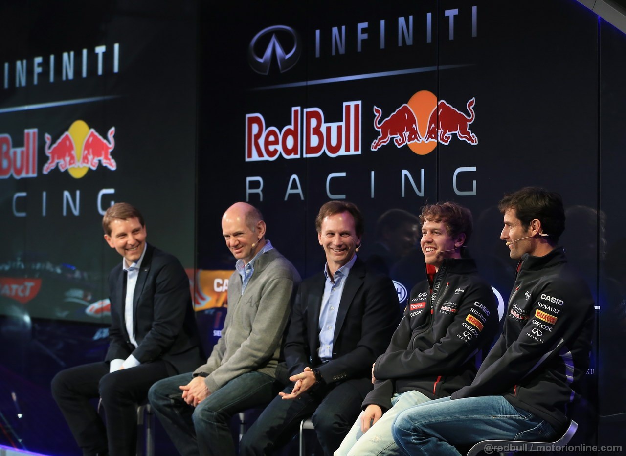 RED BULL RB9, MILTON KEYNES, ENGLAND - FEBRUARY 03: (L-R) Simon Sproule, Infiniti Corporate Vice-President Global Marketing, Adrian Newey, Chief Technical Officer, Christian Horner, Team Principle, Mark Webber of Australia, e Sebastian Vettel of Germany talk to the guests during the Infiniti Red Bull Racing RB9 launch on February 3, 2013 in Milton Keynes, England. (Photo by Richard Heathcote/Getty Images)
