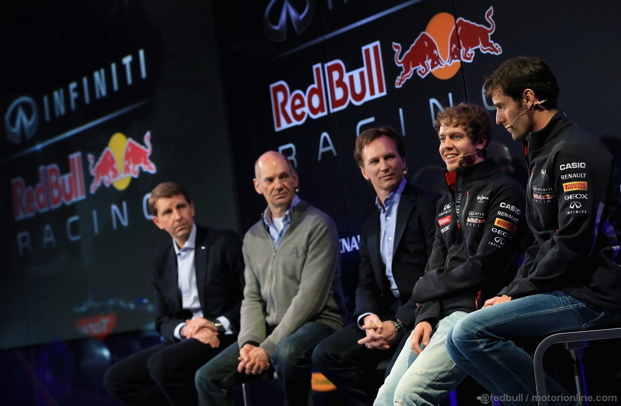 RED BULL RB9, MILTON KEYNES, ENGLAND - FEBRUARY 03: (L-R) Simon Sproule, Infiniti Corporate Vice-President Global Marketing, Adrian Newey, Chief Technical Officer, Christian Horner, Team Principle, Mark Webber of Australia, e Sebastian Vettel of Germany talk to the guests during the Infiniti Red Bull Racing RB9 launch on February 3, 2013 in Milton Keynes, England. (Photo by Richard Heathcote/Getty Images)