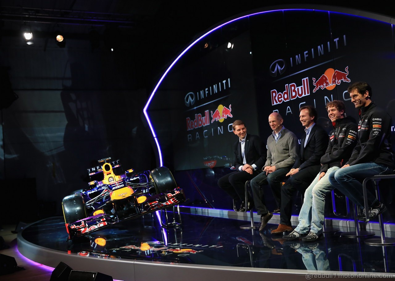 RED BULL RB9, MILTON KEYNES, ENGLAND - FEBRUARY 03:  (L-R) Simon Sproule, Infiniti Corporate Vice-President Global Marketing, Adrian Newey, Chief Technical Officer, Christian Horner, Team Principle, Mark Webber of Australia, e Sebastian Vettel of Germany talk to the guests during the Infiniti Red Bull Racing RB9 launch on February 3, 2013 in Milton Keynes, England.  (Photo by Richard Heathcote/Getty Images)