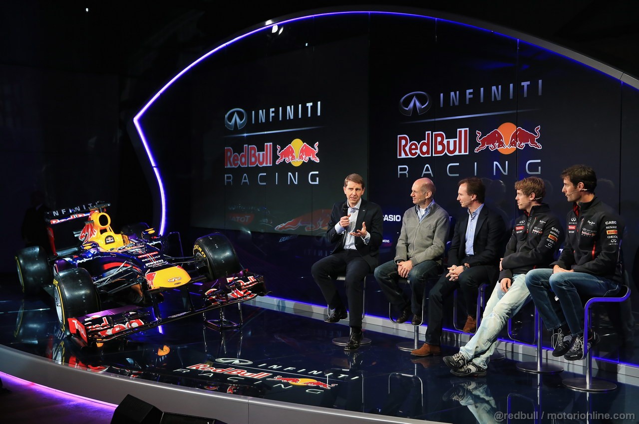 RED BULL RB9, MILTON KEYNES, ENGLAND - FEBRUARY 03: (L-R) Simon Sproule, Infiniti Corporate Vice-President Global Marketing, Adrian Newey, Chief Technical Officer, Christian Horner, Team Principle, Mark Webber of Australia, e Sebastian Vettel of Germany talk to the guests during the Infiniti Red Bull Racing RB9 launch on February 3, 2013 in Milton Keynes, England. (Photo by Richard Heathcote/Getty Images)