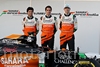 Force India VJM07, (L to R): Sergio Perez (MEX) Sahara Force India F1; Daniel Juncadella (ESP) Sahara Force India F1 Team Test e Reserve Driver; e Nico Hulkenberg (GER) Sahara Force India F1 at the launch of the new Sahara Force India F1 VJM07. 
28.01.2014. Formula One Testing, Day One, Jerez, Spain.