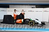 Force India VJM07, (L to R): Sergio Perez (MEX) Sahara Force India F1 e Nico Hulkenberg (GER) Sahara Force India F1 unveil the new Sahara Force India F1 VJM07. 
28.01.2014. Formula One Testing, Day One, Jerez, Spain.