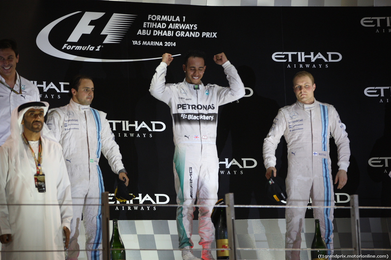 GP ABU DHABI, 23.11.2014- Gara, Lewis Hamilton (GBR) Mercedes AMG F1 W05 vincitore e Champion F1 2014, secondo Felipe Massa (BRA) Williams F1 Team FW36 e terzo Valtteri Bottas (FIN) Williams F1 Team FW36