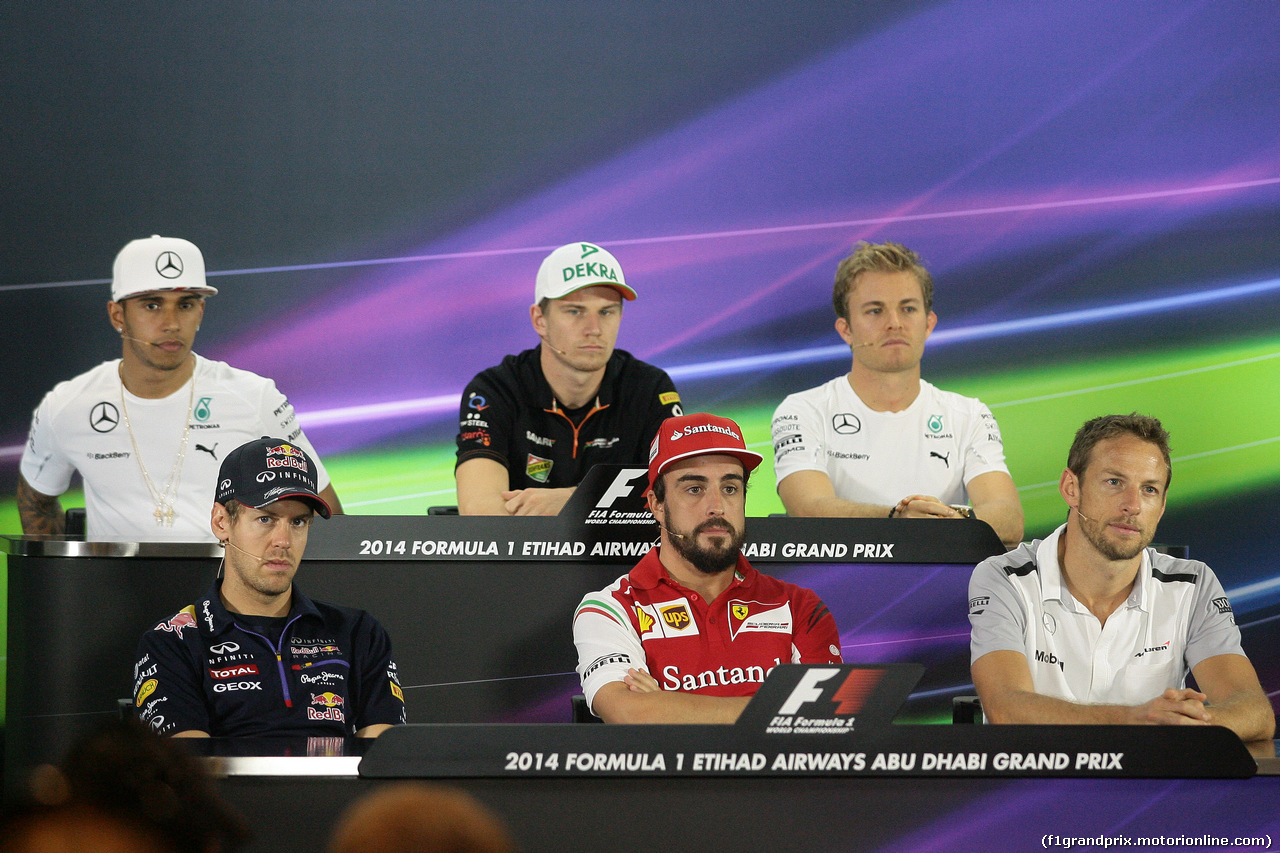 GP ABU DHABI, 20.11.14- Conferenza Stampa, Lewis Hamilton (GBR) Mercedes AMG F1 W05, Nico Hulkenberg (GER) Sahara Force India F1 VJM07, Nico Rosberg (GER) Mercedes AMG F1 W05, Sebastian Vettel (GER) Red Bull Racing RB10, Fernando Alonso (ESP) Ferrari F14-T e Jenson Button (GBR) McLaren Mercedes MP4-29