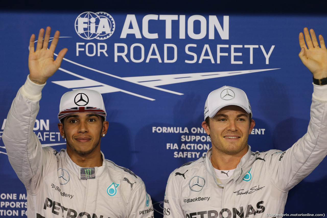 GP ABU DHABI, 22.11.2014 - Qualifiche, 1st position Nico Rosberg (GER), Mercedes AMG F1 W05, secondo Lewis Hamilton (GBR) Mercedes AMG F1 W05 e terzo Valtteri Bottas (FIN) Williams F1 Team FW36