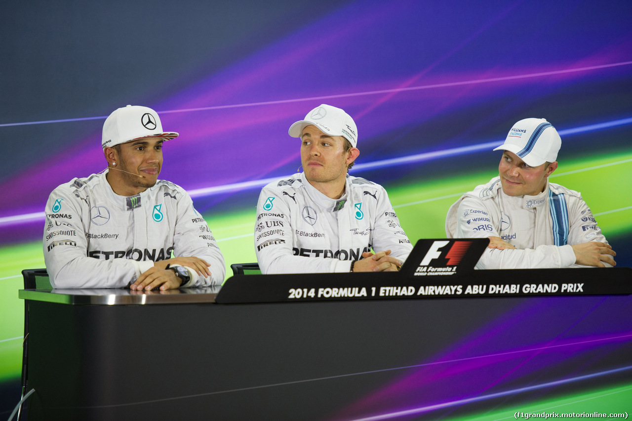 GP ABU DHABI, 22.11.2014 - Qualifiche, Press Conference, Lewis Hamilton (GBR) Mercedes AMG F1 W05, Nico Rosberg (GER), Mercedes AMG F1 W05 e Valtteri Bottas (FIN) Williams F1 Team FW36