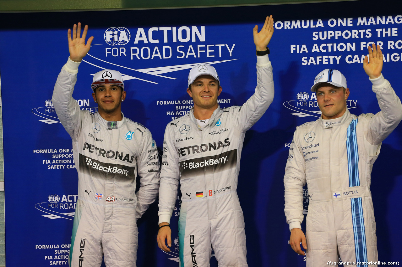 GP ABU DHABI, 22.11.2014 - Qualifiche, secondo Lewis Hamilton (GBR) Mercedes AMG F1 W05, Nico Rosberg (GER), Mercedes AMG F1 W05 pole position e terzo Valtteri Bottas (FIN) Williams F1 Team FW36