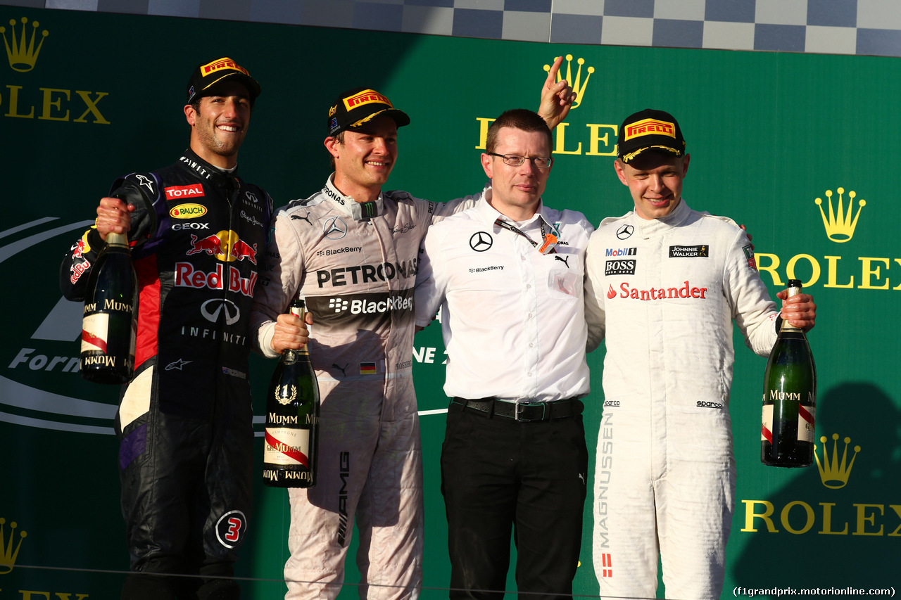 GP AUSTRALIA, 16.03.2014- Gara, 1st position Nico Rosberg (GER) Mercedes AMG F1 W05, secondo Daniel Ricciardo (AUS) Red Bull Racing RB10 e terzo Kevin Magnussen (DEN) McLaren Mercedes MP4-29