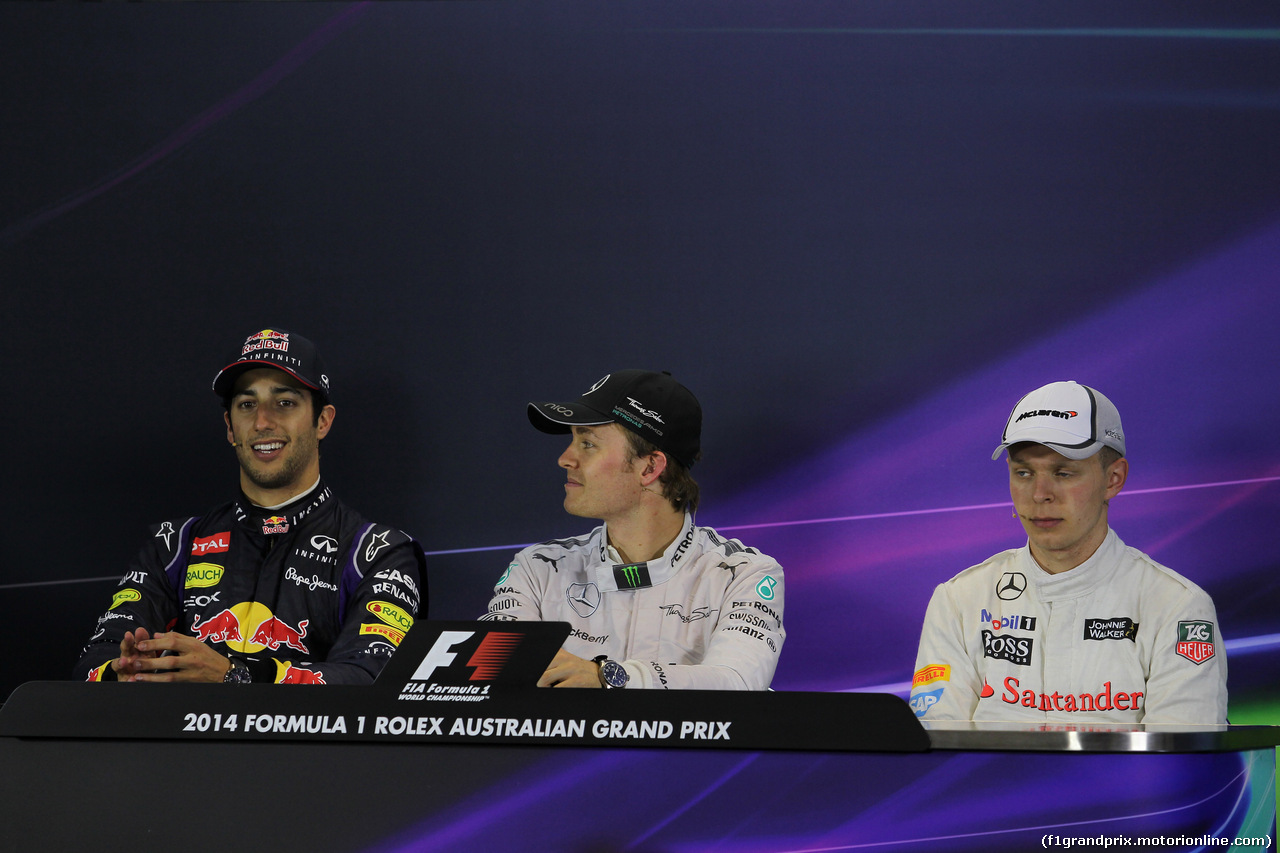 GP AUSTRALIA, 16.03.2014- Gara, Conferenza Stampa,Daniel Ricciardo (AUS) Red Bull Racing RB10, Nico Rosberg (GER) Mercedes AMG F1 W05 e Kevin Magnussen (DEN) McLaren Mercedes MP4-29