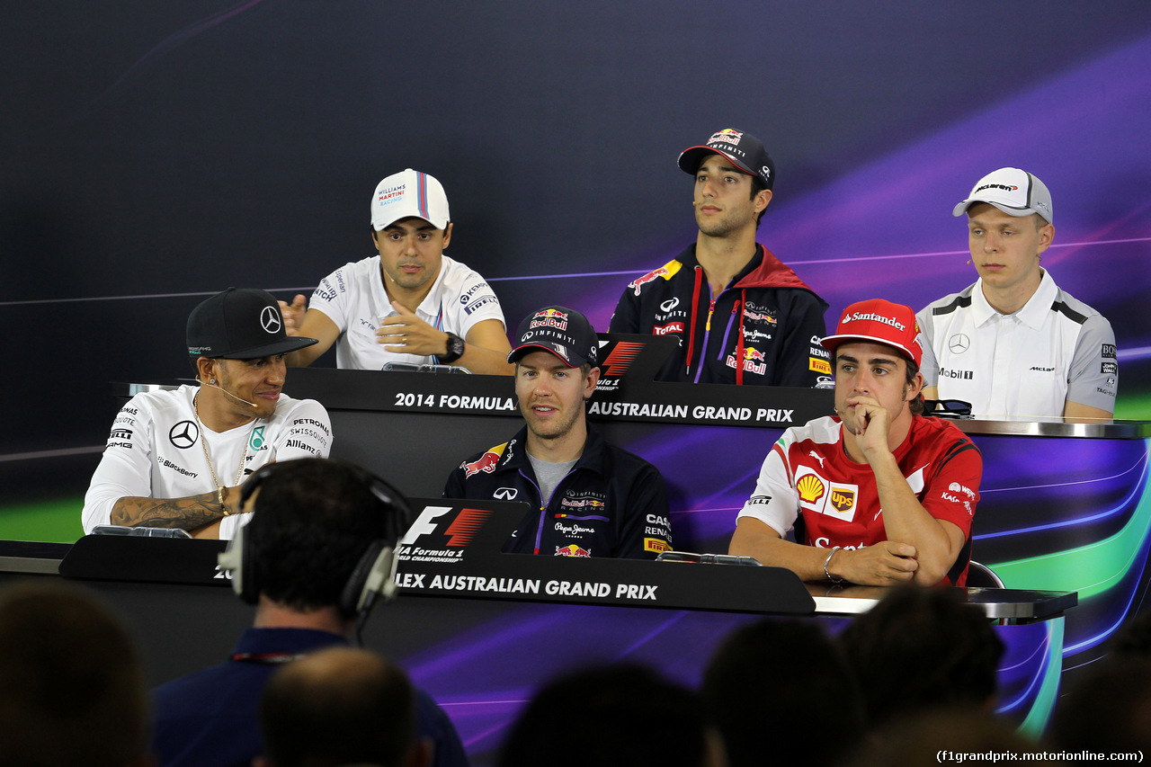 GP AUSTRALIA, 13.03.2014- Conferenza Stampa, Felipe Massa (BRA) Williams F1 Team FW36, Daniel Ricciardo (AUS) Red Bull Racing RB10, Kevin Magnussen (DEN) McLaren Mercedes MP4-29, Lewis Hamilton (GBR) Mercedes AMG F1 W05, Sebastian Vettel (GER) Red Bull Racing RB10 e Fernando Alonso (ESP) Ferrari F14-T