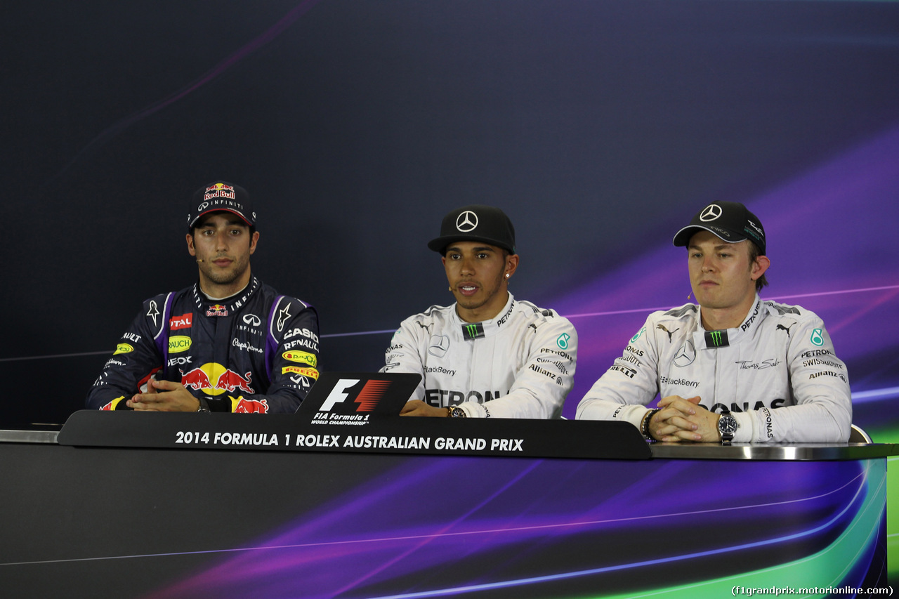 GP AUSTRALIA, 15.03.2014- Qualifiche, Conferenza Stampa, Daniel Ricciardo (AUS) Red Bull Racing RB10, Lewis Hamilton (GBR) Mercedes AMG F1 W05 e Nico Rosberg (GER) Mercedes AMG F1 W05