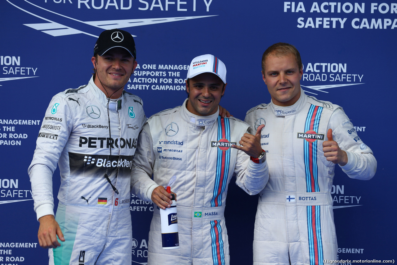 GP AUSTRIA, 21.06.2014- Qualifiche, (L-R) terzo Nico Rosberg (GER) Mercedes AMG F1 W05, Felipe Massa (BRA) Williams F1 Team FW36 pole position e secondo Valtteri Bottas (FIN) Williams F1 Team FW36