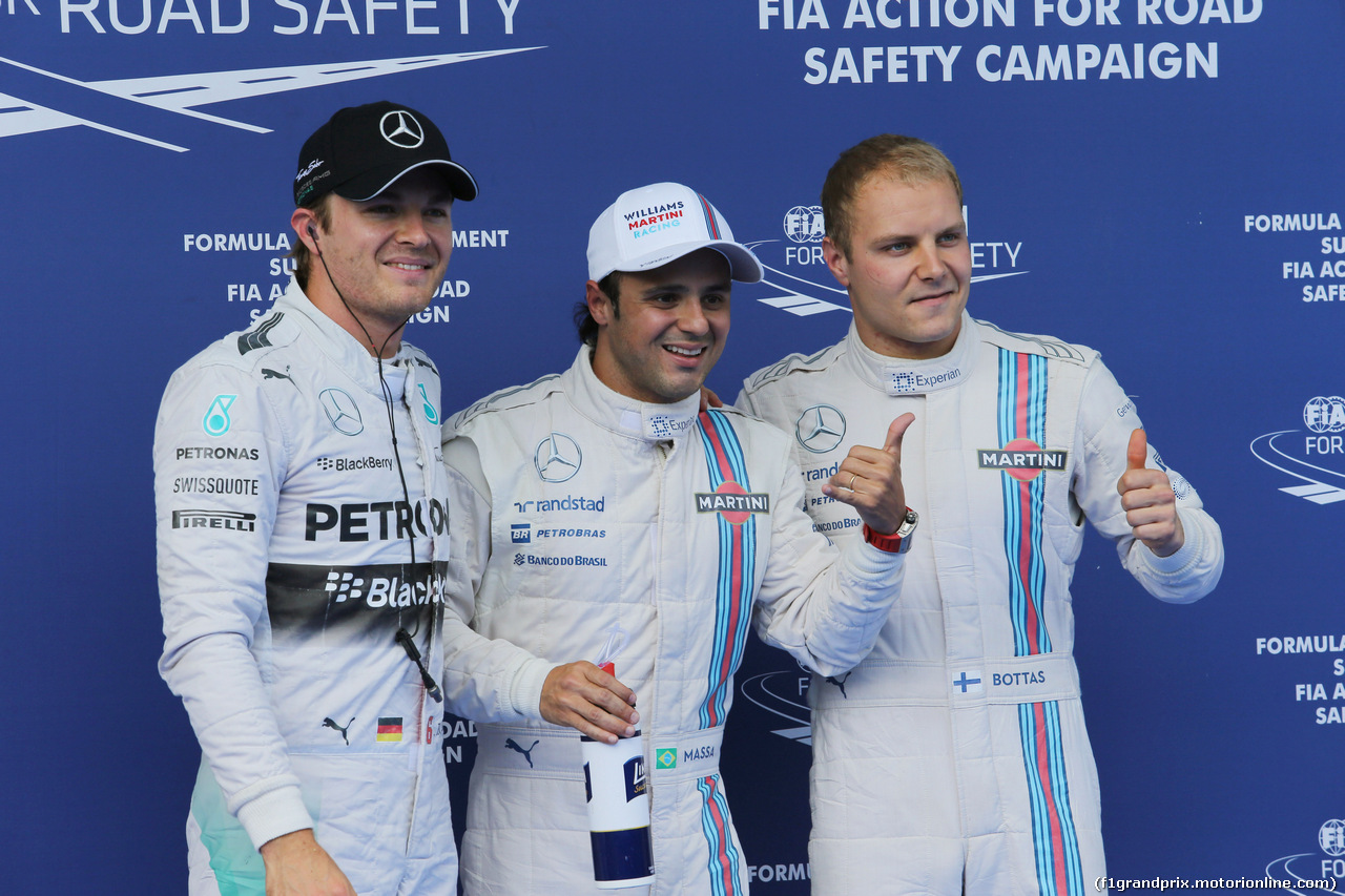 GP AUSTRIA, 21.06.2014- Qualifiche, (L-R) terzo Nico Rosberg (GER) Mercedes AMG F1 W05, Felipe Massa (BRA) Williams F1 Team FW36 pole position e secondo Valtteri Bottas (FIN) Williams F1 Team FW36