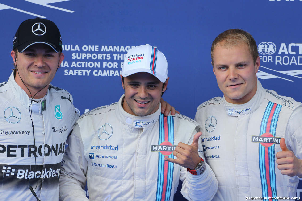 GP AUSTRIA, 21.06.2014- Qualifiche, terzo Nico Rosberg (GER) Mercedes AMG F1 W05, Felipe Massa (BRA) Williams F1 Team FW36 pole position e secondo Valtteri Bottas (FIN) Williams F1 Team FW36