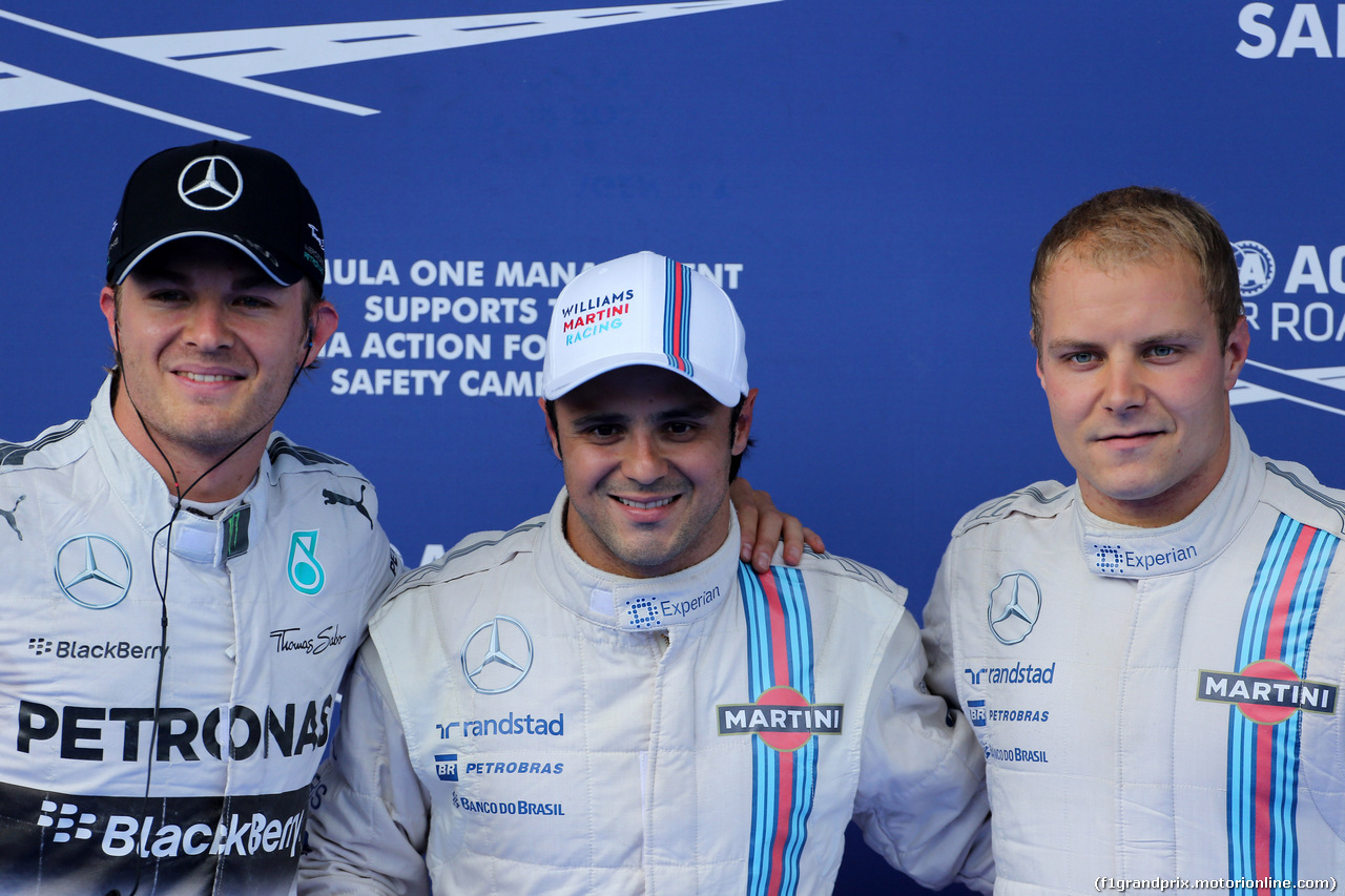 GP AUSTRIA, 21.06.2014- Qualifiche, terzo Nico Rosberg (GER) Mercedes AMG F1 W05, Felipe Massa (BRA) Williams F1 Team FW36 pole position e secondo Valtteri Bottas (FIN) Williams F1 Team FW36