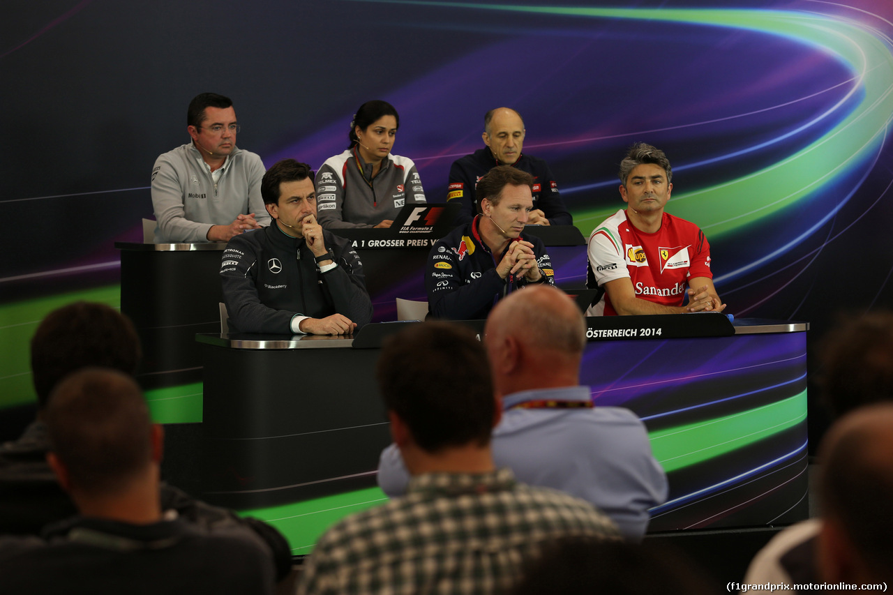 GP AUSTRIA, 20.06.2014- Conferenza Stampa, (L-R) Eric Boullier (FRA) McLaren Racing Director, Monisha Kaltenborn (AUT), CEO e Team Principal, Sauber F1 Team, Franz Tost, Scuderia Toro Rosso, Team Principal, Toto Wolff (GER) Mercedes AMG F1 Shareholder e Executive Director, Christian Horner (GBR), Red Bull Racing, Sporting Director e Marco Mattiacci (ITA) Team Principal, Ferrari