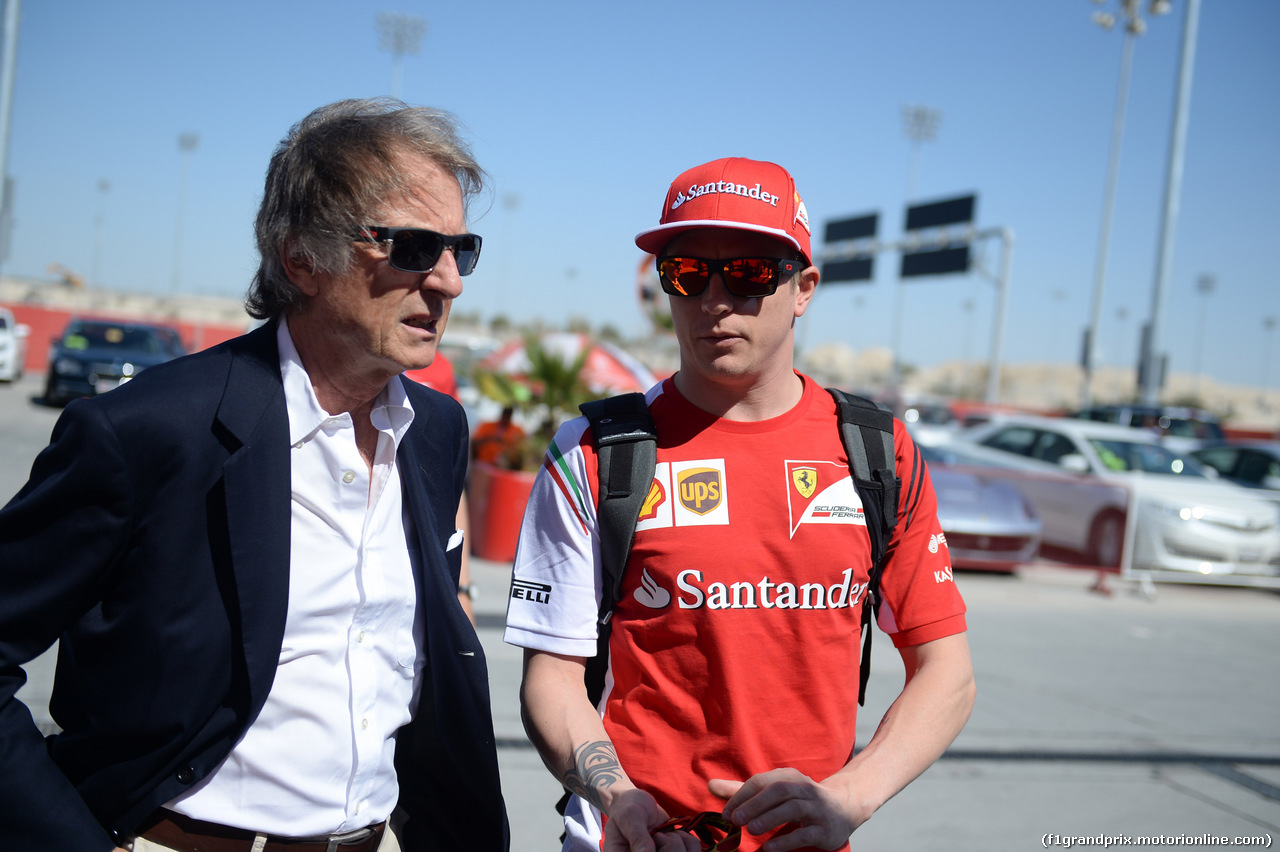 GP BAHRAIN, 06.04.2015- Luca Cordero di Montezemolo (ITA), President Ferrari e Kimi Raikkonen (FIN) Ferrari F147