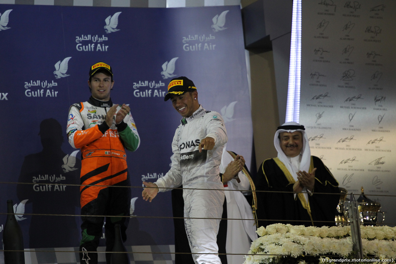 GP BAHRAIN, 06.04.2014- Podium, winner Lewis Hamilton (GBR) Mercedes AMG F1 W05, 2nd Nico Rosberg (GER) Mercedes AMG F1 W05 e 3rd Sergio Perez (MEX) Sahara Force India F1 Team VJM07