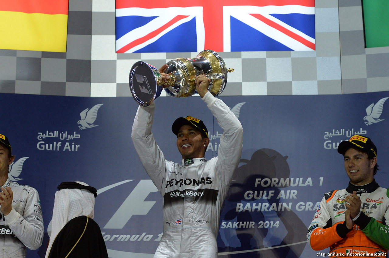 GP BAHRAIN, 06.04.2014- Podium, winner Lewis Hamilton (GBR) Mercedes AMG F1 W05, 2nd Nico Rosberg (GER) Mercedes AMG F1 W05 e 3rd Sergio Perez (MEX) Sahara Force India F1 Team VJM07
