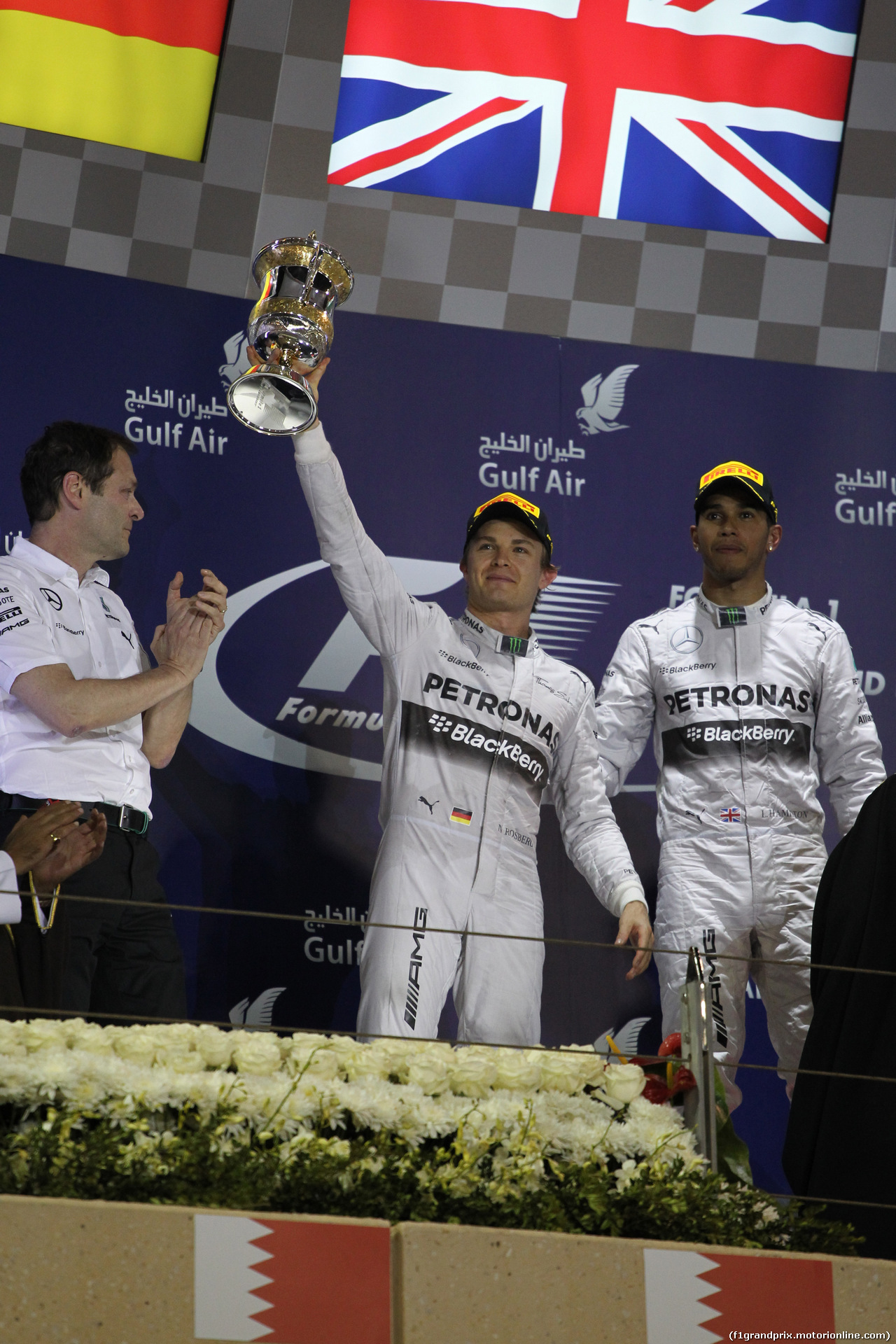 GP BAHRAIN, 06.04.2014- Podium, winner Lewis Hamilton (GBR) Mercedes AMG F1 W05, 2nd Nico Rosberg (GER) Mercedes AMG F1 W05 e 3rd Sergio Perez (MEX) Sahara Force India F1 Team VJM07