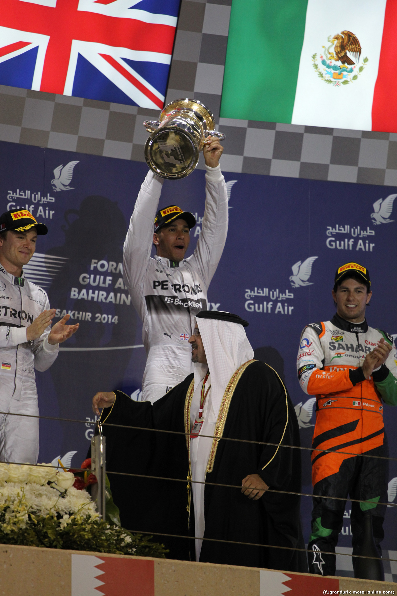 GP BAHRAIN, 06.04.2014- Podium, winner Lewis Hamilton (GBR) Mercedes AMG F1 W05, 2nd Nico Rosberg (GER) Mercedes AMG F1 W05 e 3rd Sergio Perez (MEX) Sahara Force India F1 Team VJM07