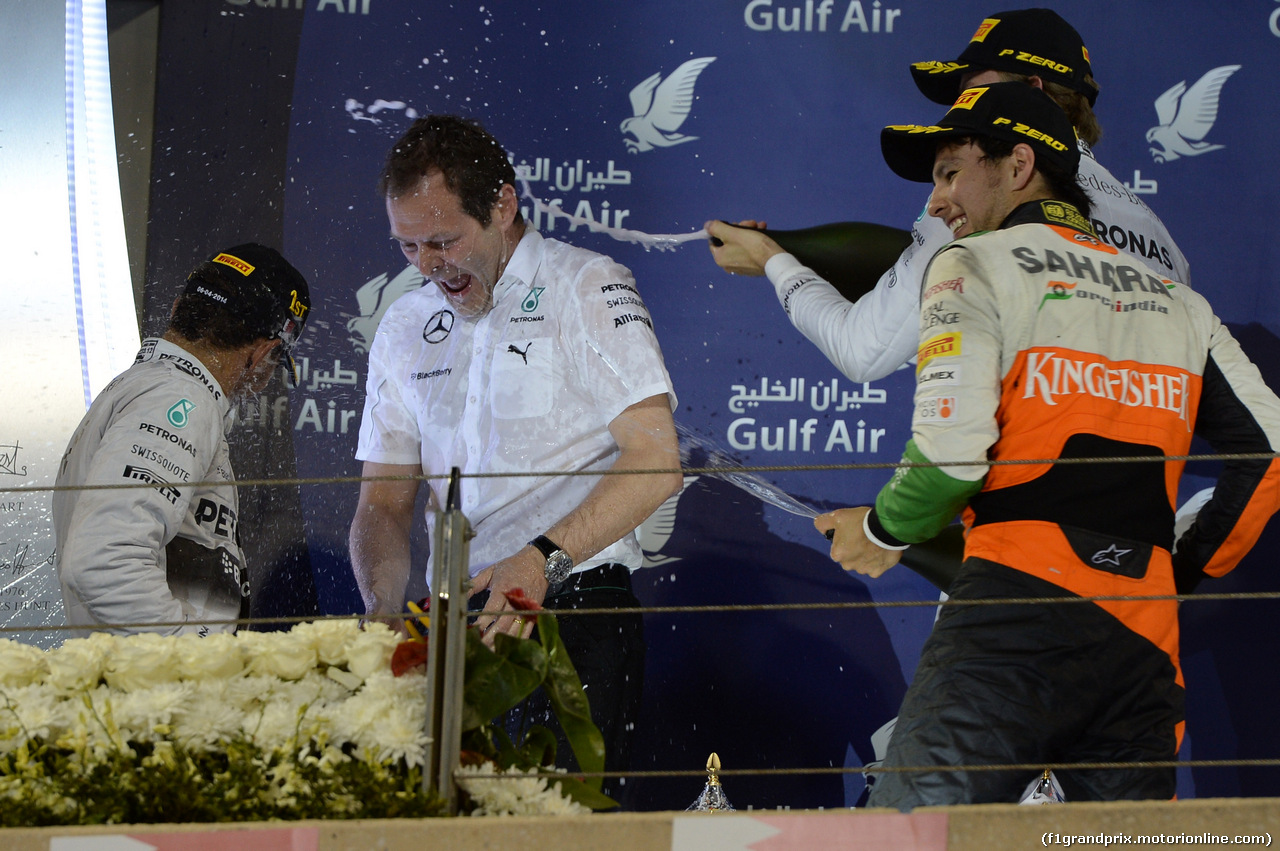 GP BAHRAIN, 06.04.2014- Podium, winner Lewis Hamilton (GBR) Mercedes AMG F1 W05, 2nd Nico Rosberg (GER) Mercedes AMG F1 W05 e 3rd Sergio Perez (MEX) Sahara Force India F1 Team VJM07