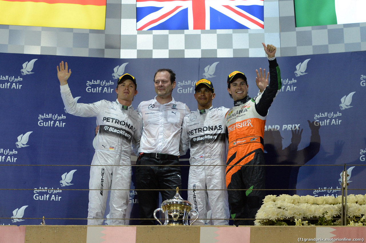 GP BAHRAIN, 06.04.2014- Podium, winner Lewis Hamilton (GBR) Mercedes AMG F1 W05, 2nd Nico Rosberg (GER) Mercedes AMG F1 W05 e 3rd Sergio Perez (MEX) Sahara Force India F1 Team VJM07