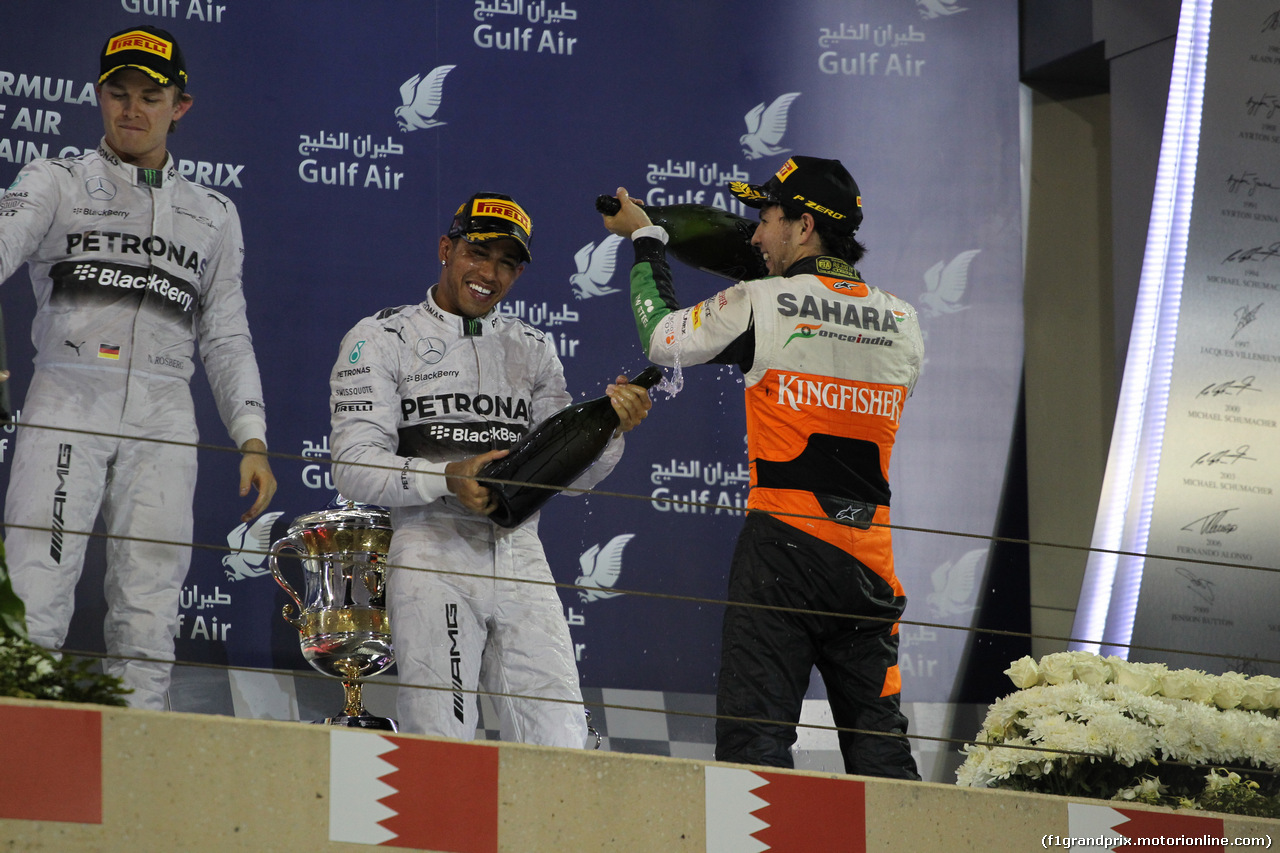 GP BAHRAIN, 06.04.2014- Podium, winner Lewis Hamilton (GBR) Mercedes AMG F1 W05, 2nd Nico Rosberg (GER) Mercedes AMG F1 W05 e 3rd Sergio Perez (MEX) Sahara Force India F1 Team VJM07