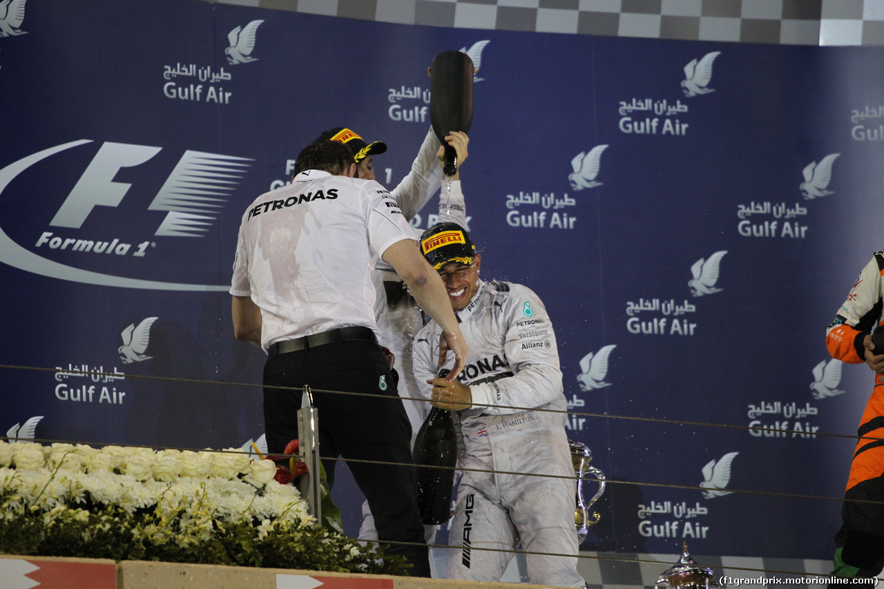 GP BAHRAIN, 06.04.2014- Podium, winner Lewis Hamilton (GBR) Mercedes AMG F1 W05, 2nd Nico Rosberg (GER) Mercedes AMG F1 W05 e 3rd Sergio Perez (MEX) Sahara Force India F1 Team VJM07