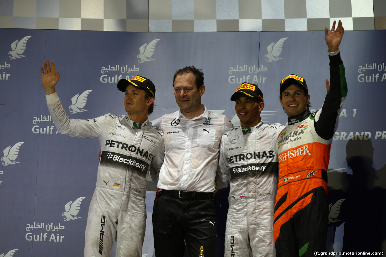 GP BAHRAIN, 06.04.2014- Podium: winner Lewis Hamilton (GBR) Mercedes AMG F1 W05m 2nd Nico Rosberg (GER) Mercedes AMG F1 W05, 3rd Sergio Perez (MEX) Sahara Force India F1 Team VJM07
