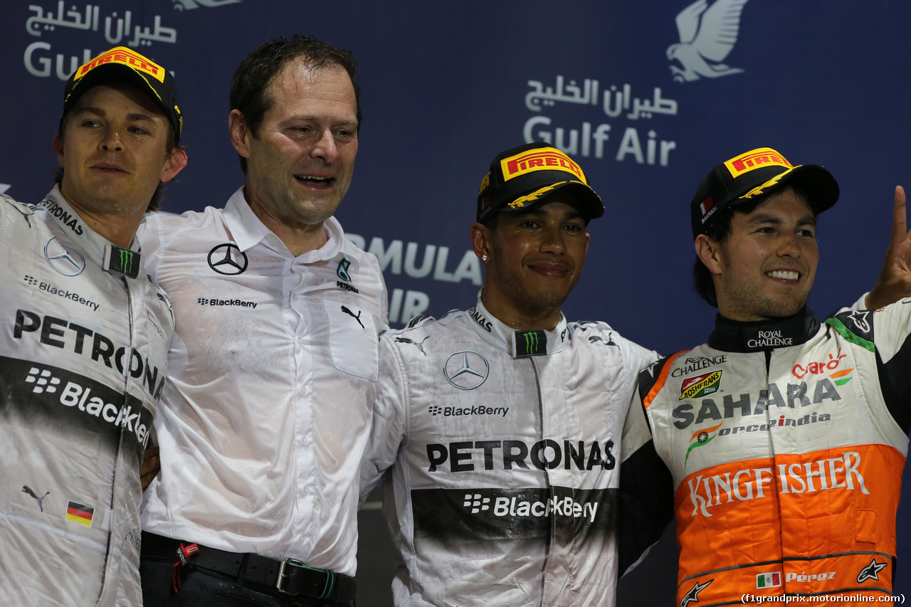 GP BAHRAIN, 06.04.2014- Podium: winner Lewis Hamilton (GBR) Mercedes AMG F1 W05m 2nd Nico Rosberg (GER) Mercedes AMG F1 W05, 3rd Sergio Perez (MEX) Sahara Force India F1 Team VJM07