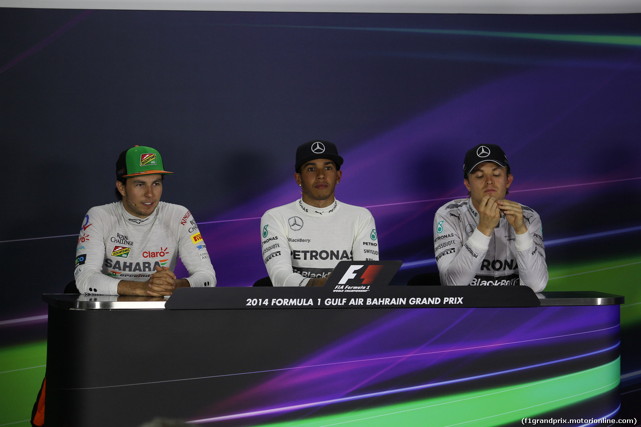 GP BAHRAIN, 06.04.2014- After Gara Press Conference, winner Lewis Hamilton (GBR) Mercedes AMG F1 W05m 2nd Nico Rosberg (GER) Mercedes AMG F1 W05, 3rd Sergio Perez (MEX) Sahara Force India F1 Team VJM07