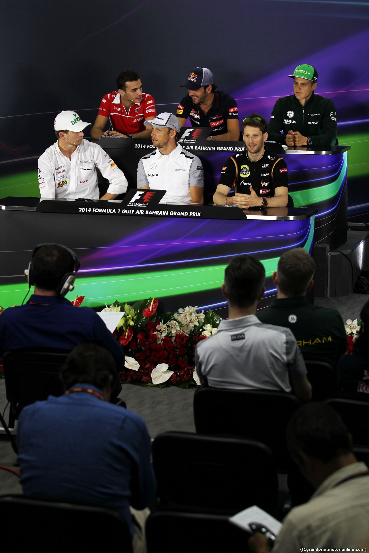 GP BAHRAIN, The FIA Press Conference (From back row (L to R)): Jules Bianchi (FRA) Marussia F1 Team; Jean-Eric Vergne (FRA) Scuderia Toro Rosso; Marcus Ericsson (SWE) Caterham; Nico Hulkenberg (GER) Sahara Force India F1; Jenson Button (GBR) McLaren; Romain Grosjean (FRA) Lotus F1 Team.
03.04.2014. Formula 1 World Championship, Rd 3, Bahrain Grand Prix, Sakhir, Bahrain, Preparation Day.
-