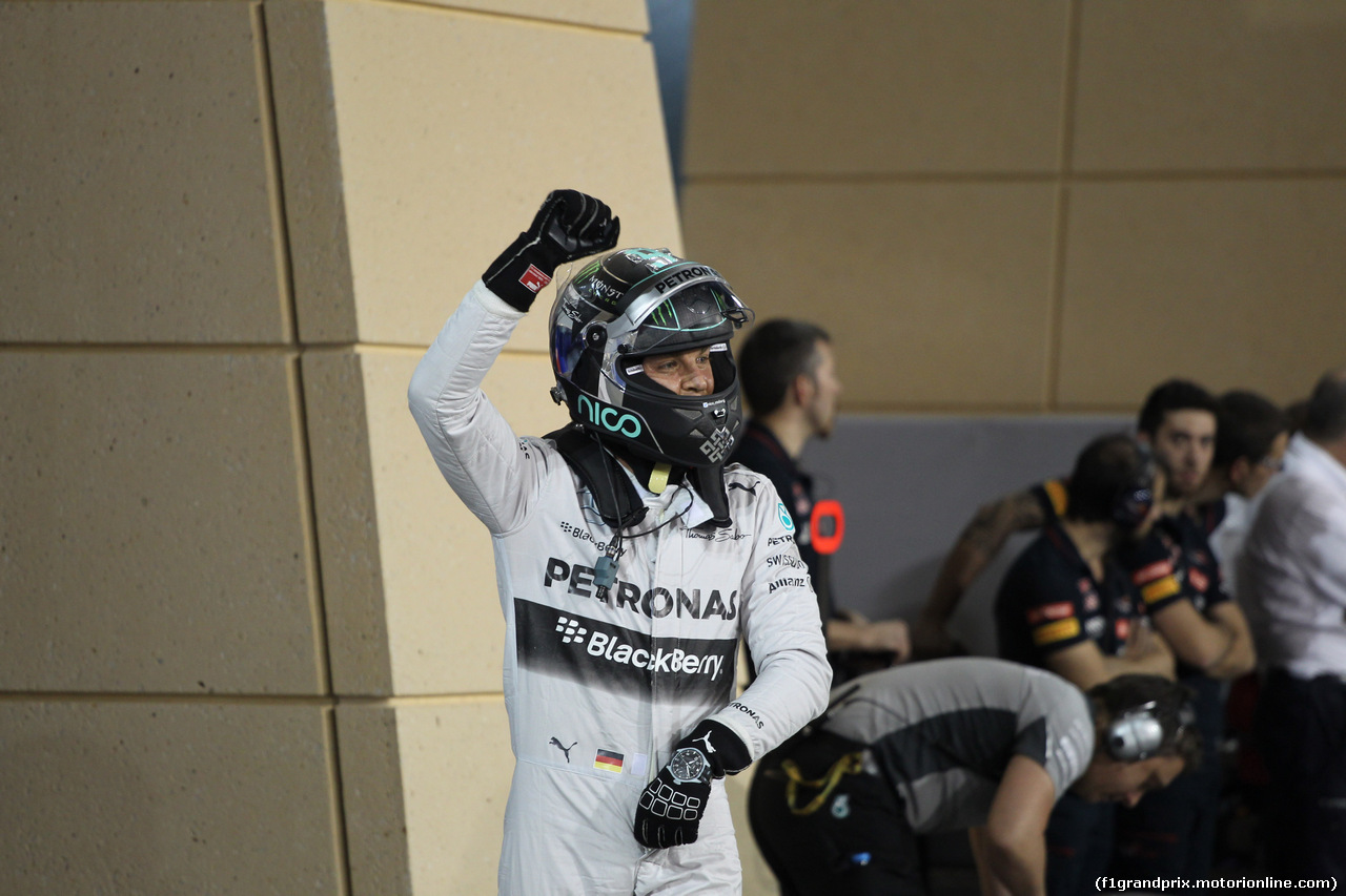 GP BAHRAIN, 05.04.2014- Qualifiche celebration: Pole Position Nico Rosberg (GER) Mercedes AMG F1 W05, 2nd Lewis Hamilton (GBR) Mercedes AMG F1 W05, 3rd Daniel Ricciardo (AUS) Infiniti Red Bull Racing RB10