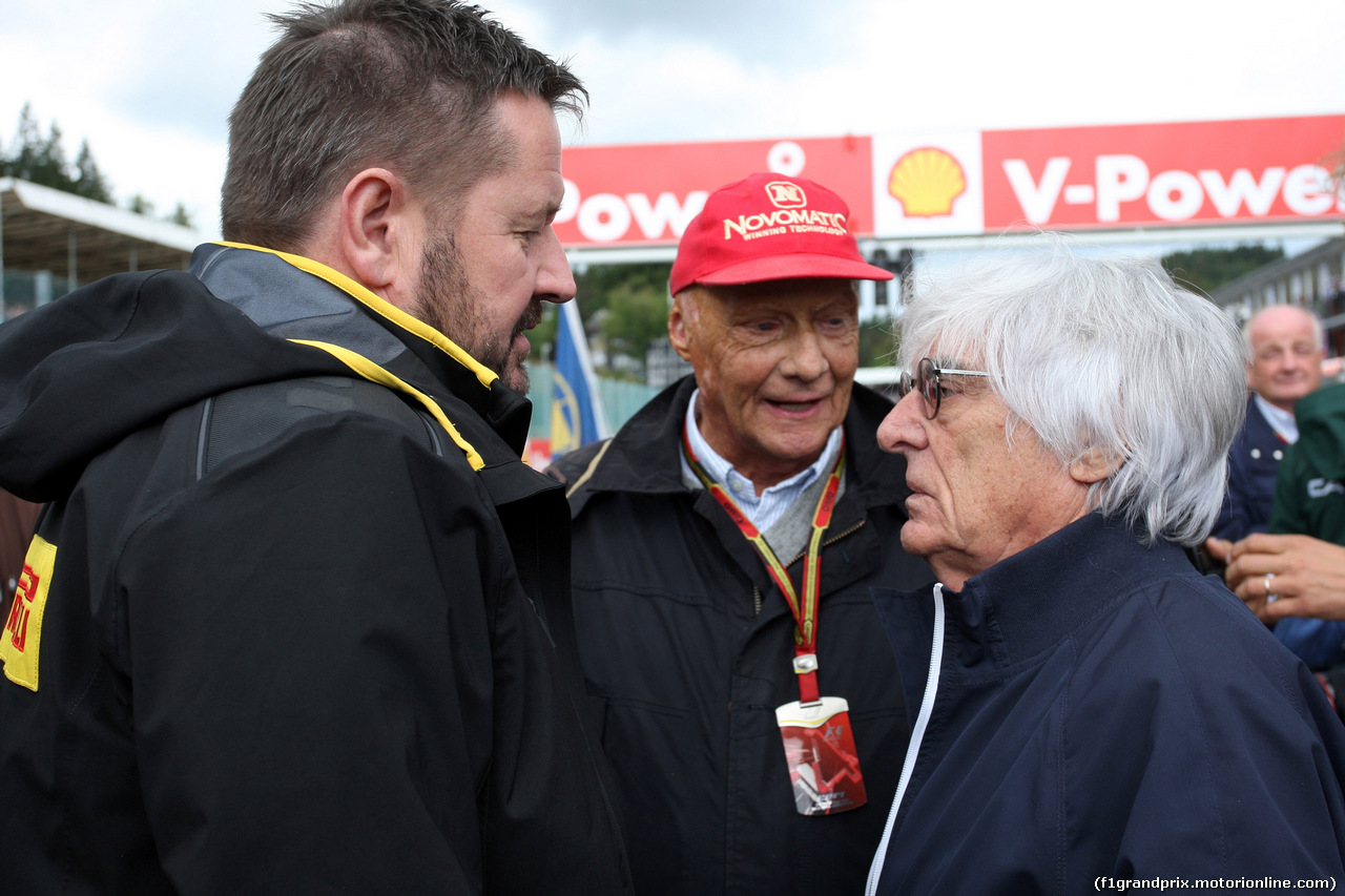 GP BELGIO, 24.08.2014- Gara, Paul Hembery, Pirelli Motorspor Director, Nikki Lauda (AU), Mercedes e Bernie Ecclestone (GBR), President e CEO of FOM